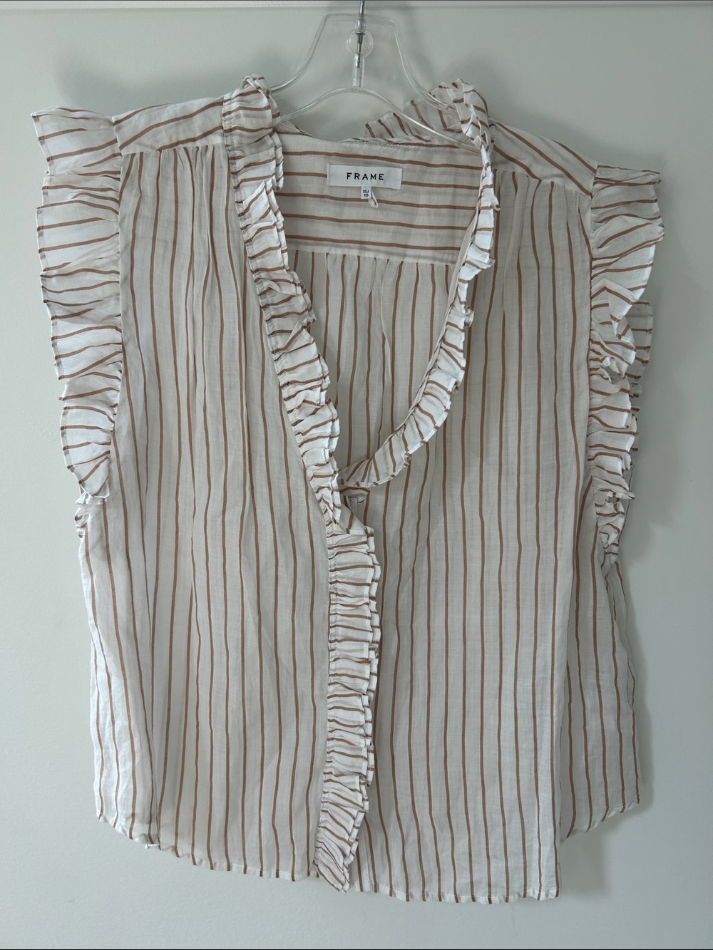 Frame Ramie Cream Blouse with Tan Stripe and Ruffle Trim